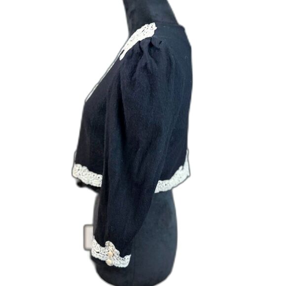 VNTG 80's Marie St. Claire Blk Wool Cropped Long Sleeve Jacket with Lace Size 6 - Picture 2 of 7